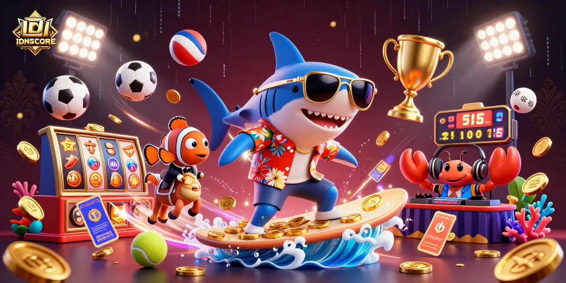 IDNSCORE offers exciting slot experiences with dynamic characters surfing on gold coins amidst vibrant casino elements.