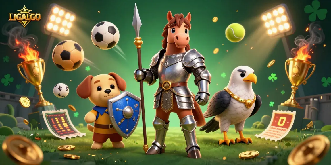 LIGALGO showcases thrilling sports betting action with a knight, puppy, and falcon in a vibrant casino setting.