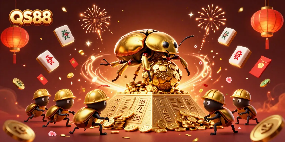 Experience excitement with QS88's immersive 3D casino world, featuring golden beetles and vibrant decorations.