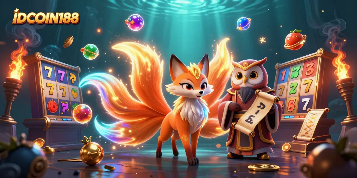 Experience IDCOIN188 with vibrant slot games, glowing symbols, and engaging characters in a dynamic scene.