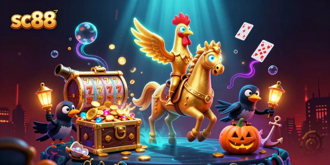 Engage in exciting wins at SC88, featuring dynamic 3D casino illustration with golden rooster and immersive gameplay elements.