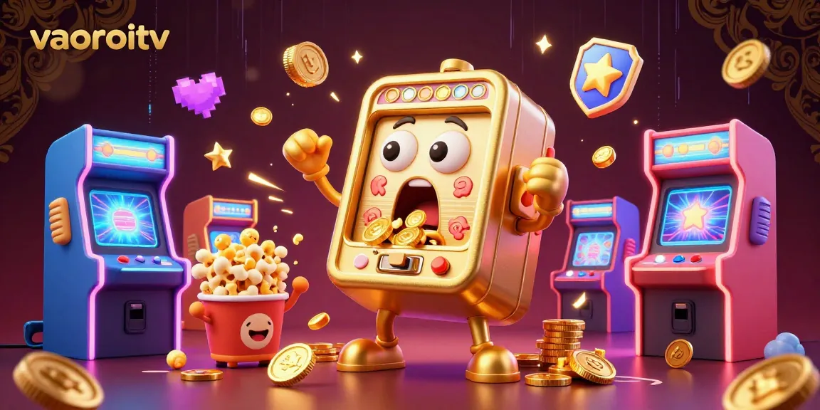 vaoroitv showcases a golden slot machine winning a jackpot amidst vibrant gaming elements and cheering companions.