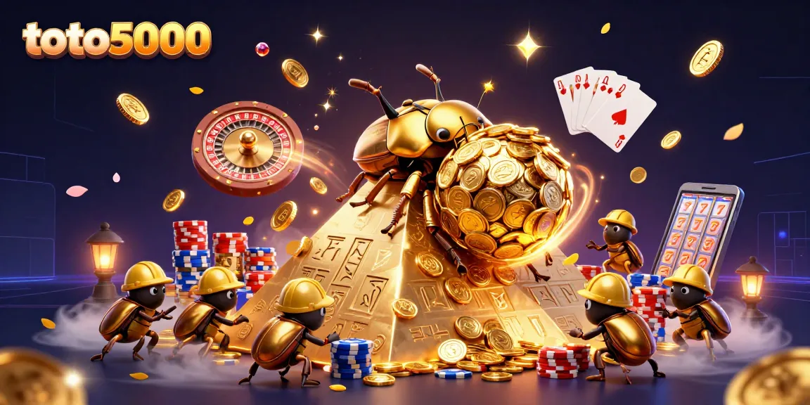 Experience the thrill of toto5000 with a beetle pushing a coin ball amidst casino symbols and gaming elements.