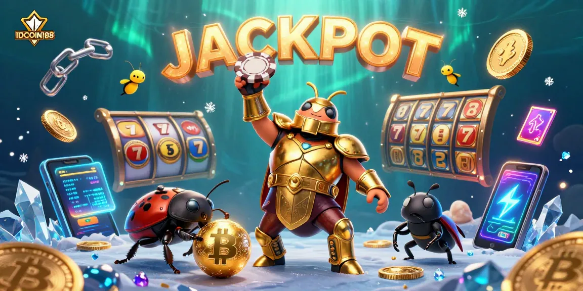 IDCOIN188 presents a victorious beetle in golden armor celebrating a jackpot with crypto elements.
