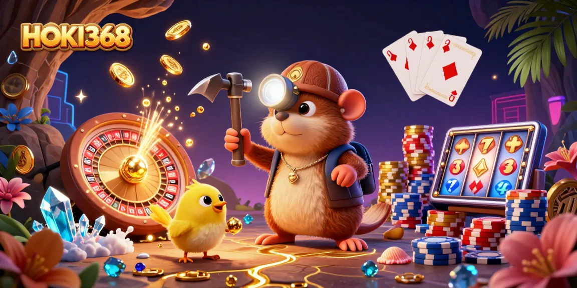 HOKI368 sparkles with a treasure hunter mole and canary, unveiling casino treasures amidst vibrant gameplay action.