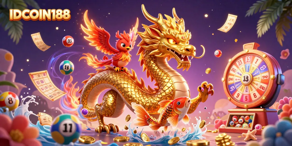 Experience thrilling wins with IDCOIN188 in a vibrant 3D lottery-themed casino scene.