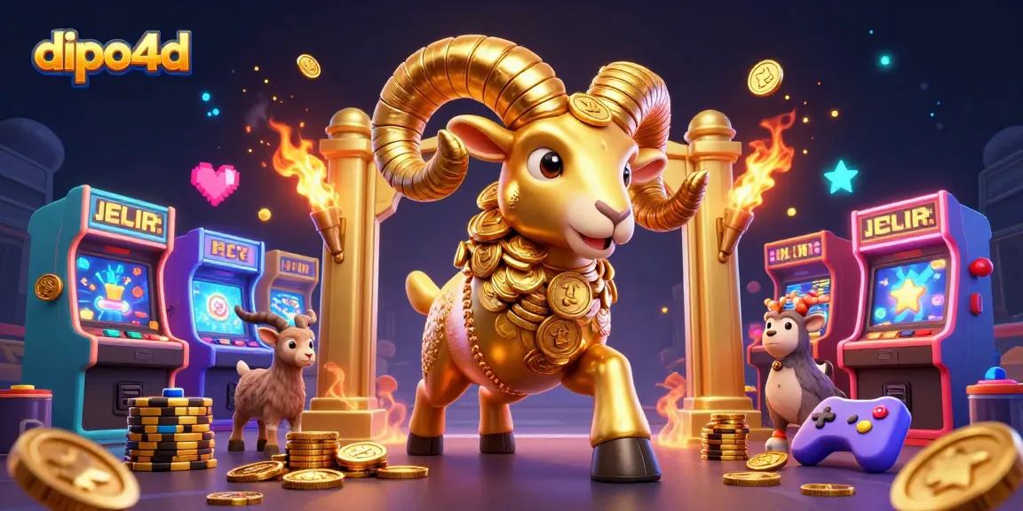 Experience exciting wins with dipo4d as a golden ram charges through glowing arcade game elements in a vibrant casino scene.
