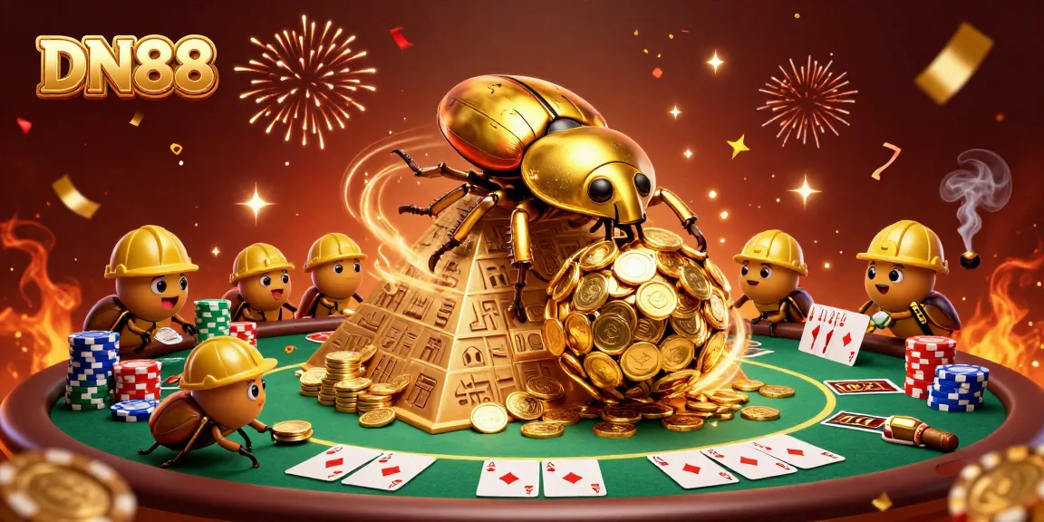 Roll the golden coins with DN88 as the beetles celebrate online casino winnings.