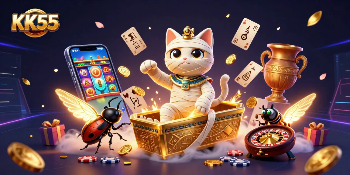 Experience KK55 action with an Egyptian mummy cat and scarab beetle in a vibrant casino scene.