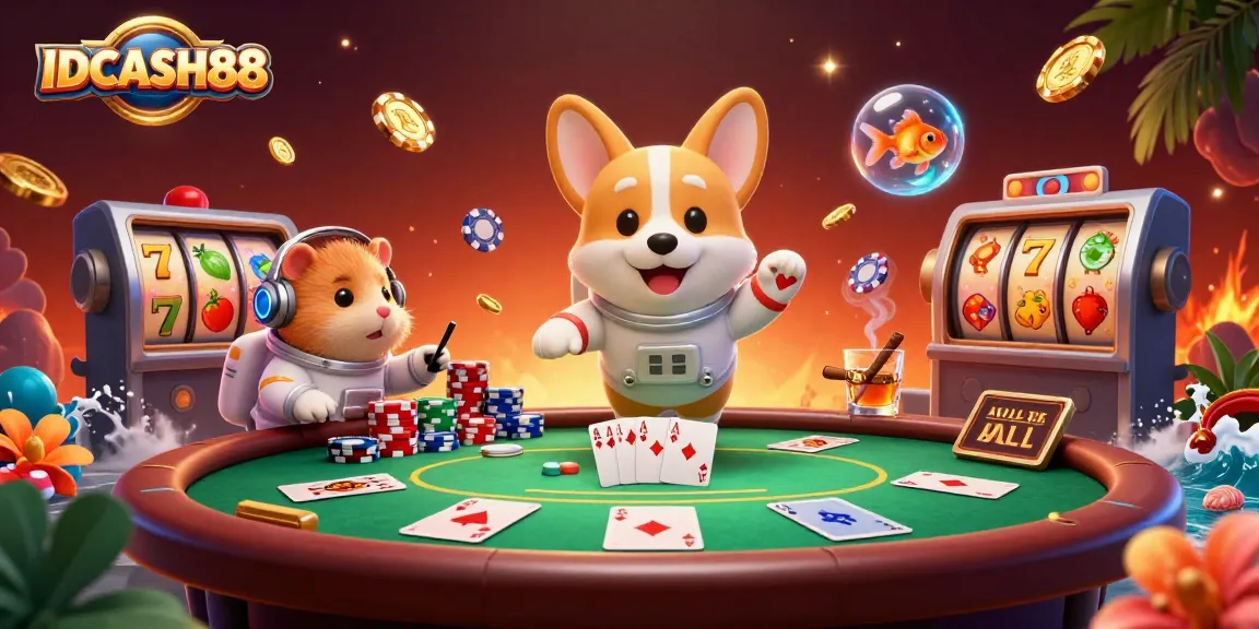 Engage with IDCASH88 as a corgi astronaut plays poker in a vibrant space casino scene.