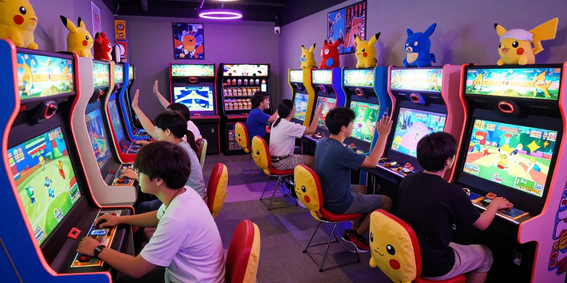 Friends engaging in Pokémon battles at an arcade, showcasing vibrant gaming atmosphere, highlighting pokemontoto.