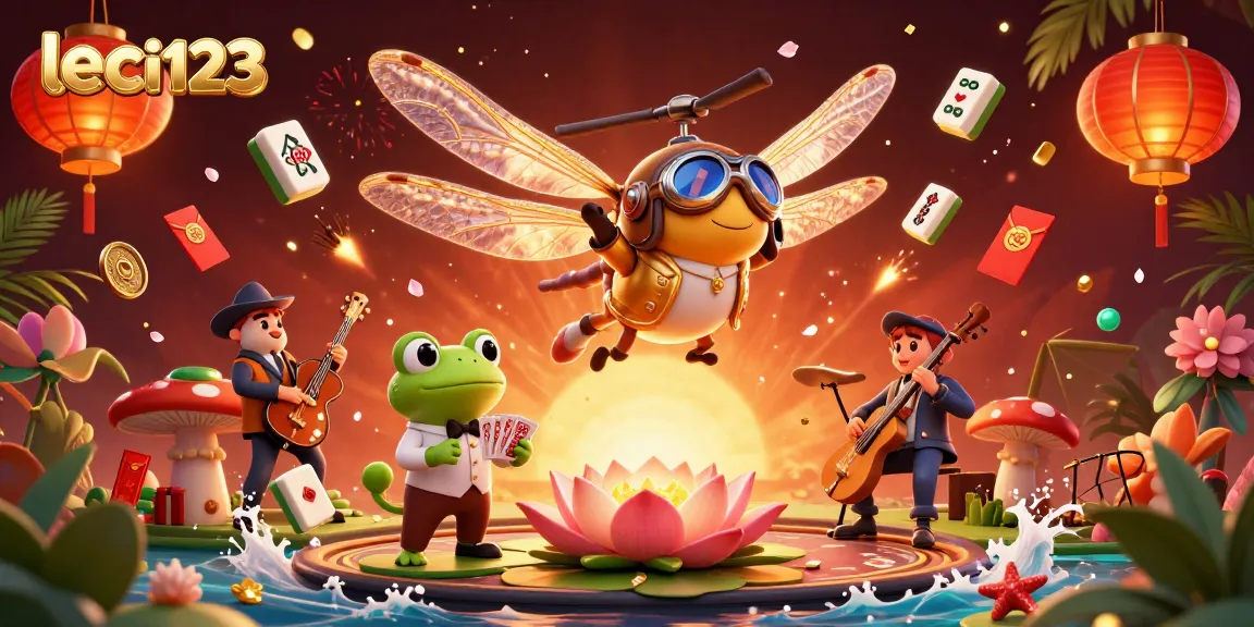 Experience vibrant leci123 gaming action with a dragonfly pilot and frog croupier in a colorful casino.