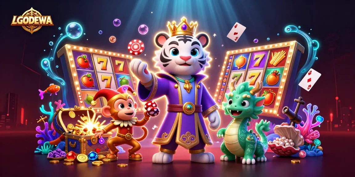 Engage with LGODEWA's vibrant 3D casino illustration showcasing slot elements and playful characters.