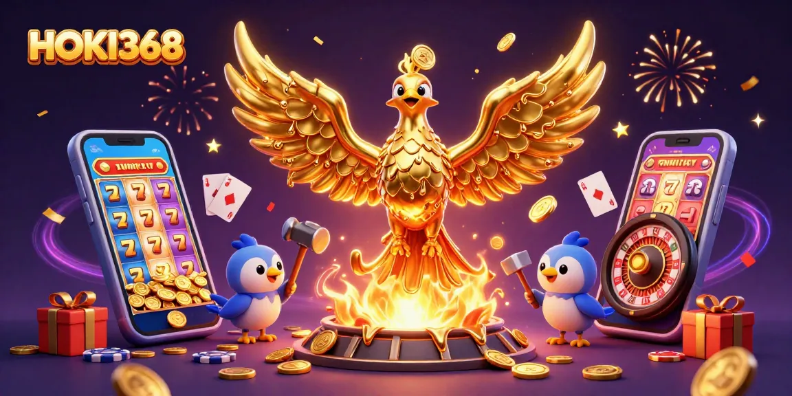Experience the thrill of HOKI368 with a golden phoenix rising over a vibrant casino scene.