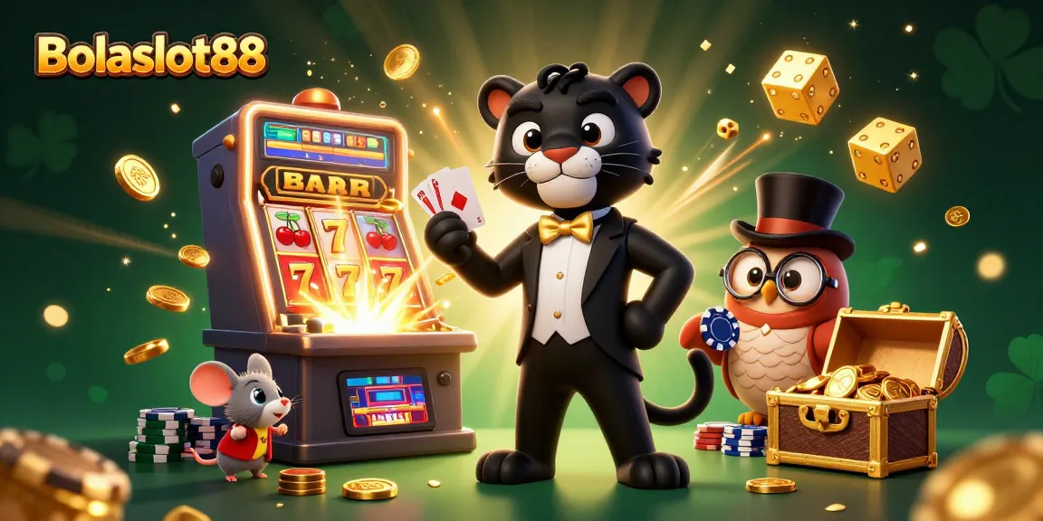 Bolaslot88 showcases a stylish panther dealing cards with engaging symbols, enhancing your gaming experience.