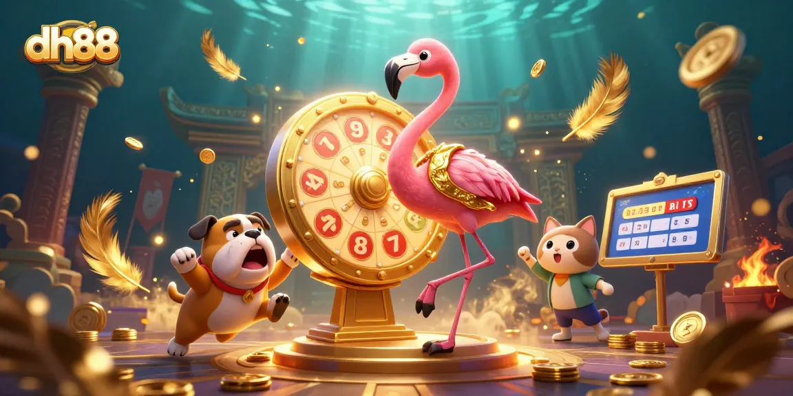 Experience gaming excitement at dh88 with a vibrant 3D illustration featuring a game show host and an excited contestant.