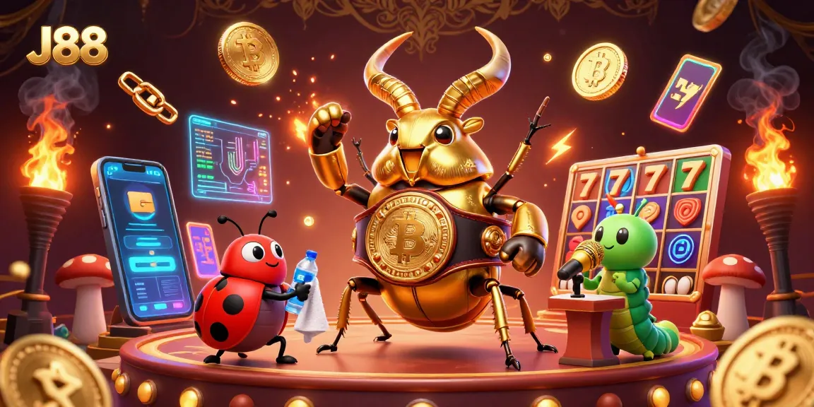 Engage with J88's vibrant 3D illustration showcasing a giant stag beetle in a dynamic casino scene.