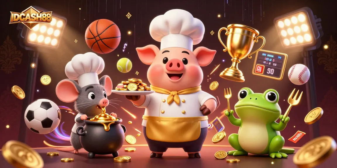 Engage in thrilling action with IDCASH88, where a chef pig and friends showcase golden gambling excitement.