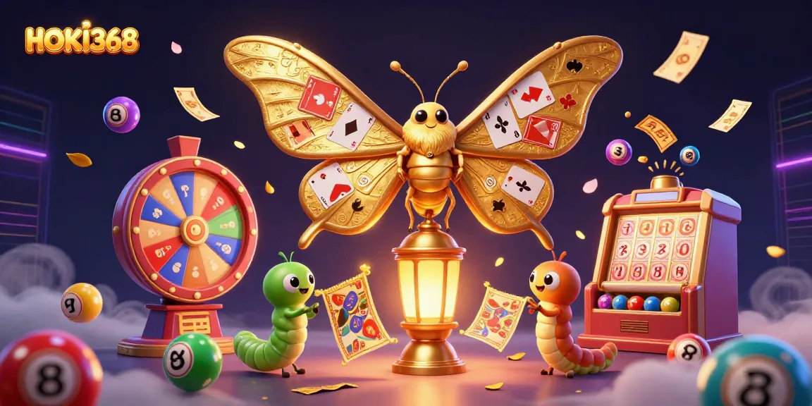 Engage with the exciting world of HOKI368 as a 3D cartoon moth symbolizes luck, surrounded by vibrant gambling elements.