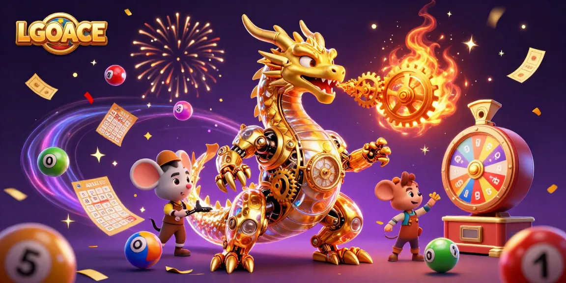 LGOACE features a golden dragon and a mouse engineer amidst colorful lottery elements, celebrating winnings.