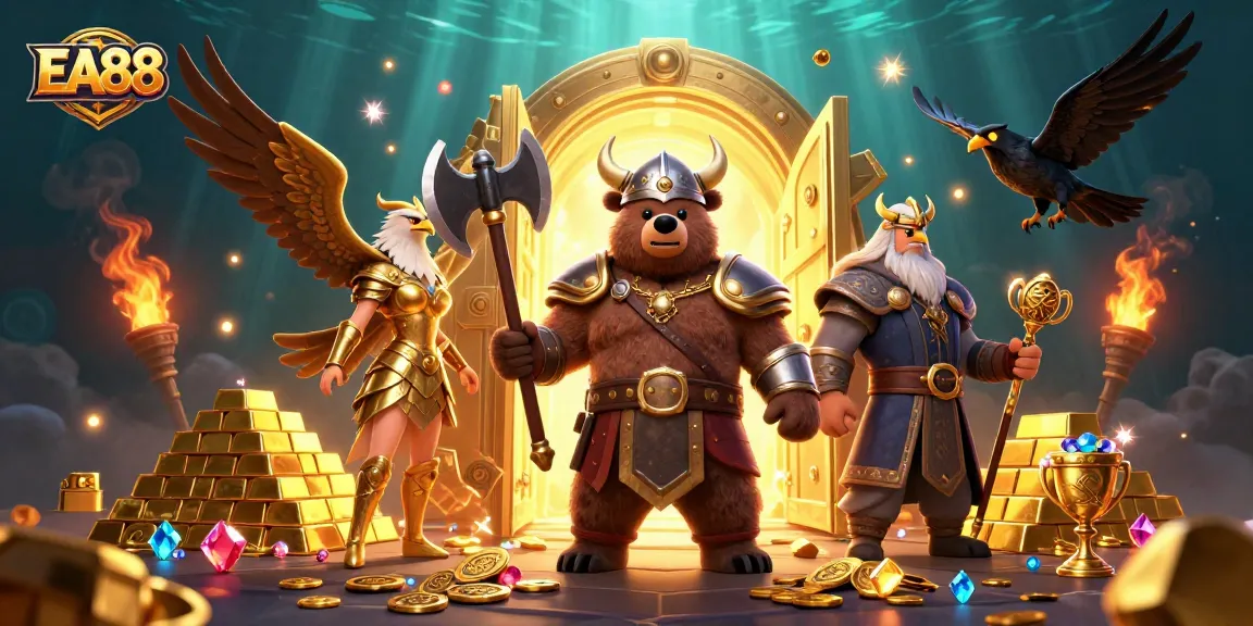 EA88 casino illustration featuring Viking bear and Valkyrie eagle amidst treasure