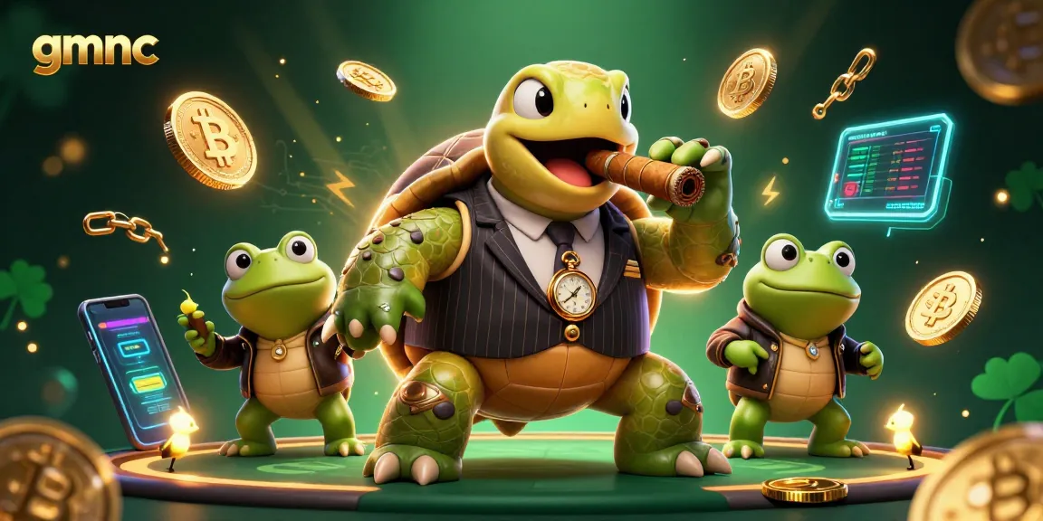 Experience GMNC's vibrant online casino scene with a snapping turtle in a mobster suit and crypto coins.