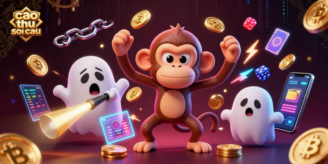Engage with cao thu soi cau in an exciting 3D haunted casino scene featuring a poltergeist monkey and a curious puppy.