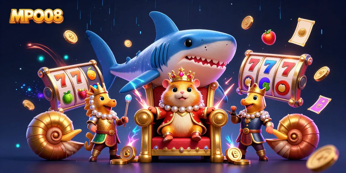 MPO08 golden hamster king on a shark throne amidst slot reels and vibrant casino elements