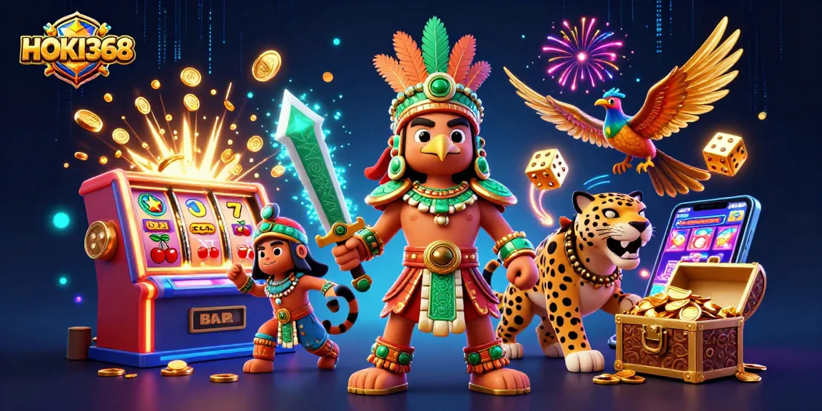 Experience the thrill of HOKI368 with a vibrant jackpot scene filled with slot machines and winning symbols.