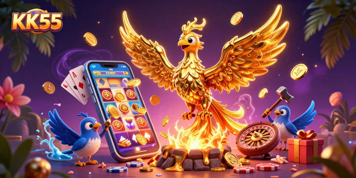 Experience the vibrant energy of KK55 with a golden phoenix and dynamic casino elements in a rich 3D illustration.